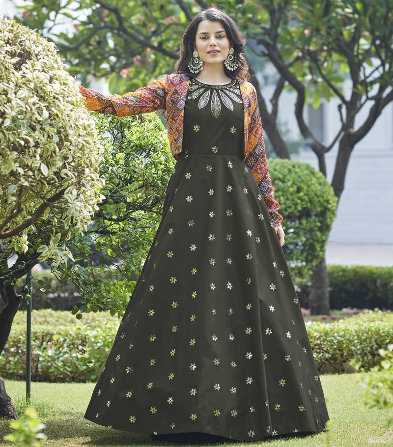 OLIVE THREAD AND SEQUINCE EMBROIDERED WORK COTTON ANARKALI LONG GOWN SEMI STITCHED