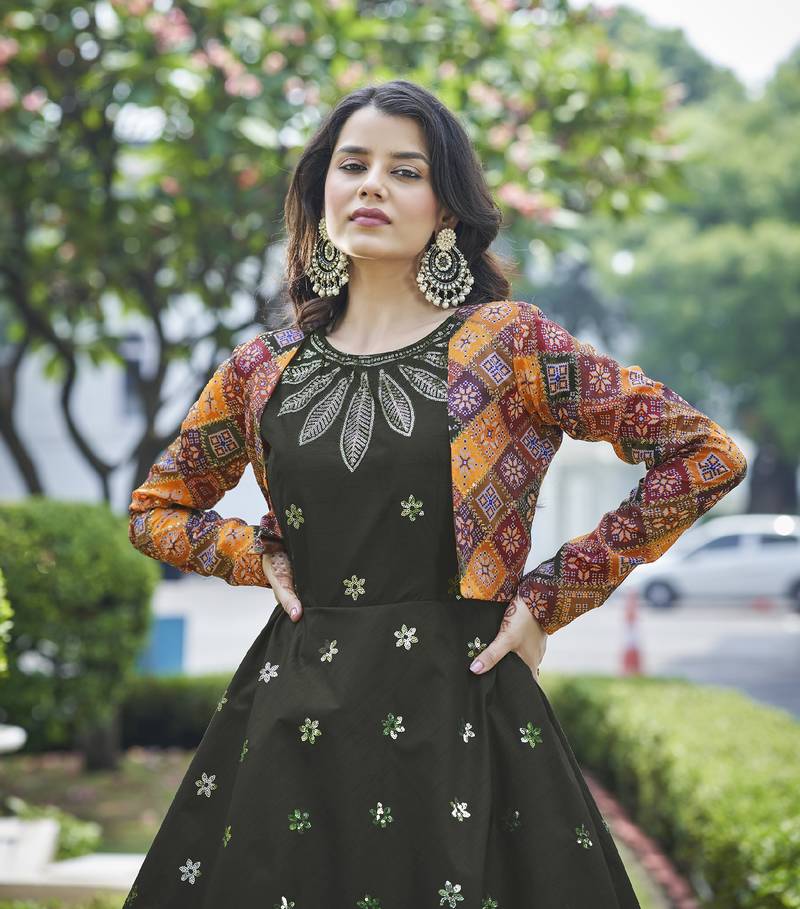OLIVE THREAD AND SEQUINCE EMBROIDERED WORK COTTON ANARKALI LONG GOWN SEMI STITCHED