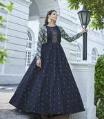 BLUE THREAD AND SEQUINCE EMBROIDERED WORK COTTON ANARKALI LONG GOWN SEMI STITCHED