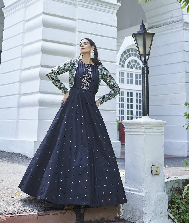 BLUE THREAD AND SEQUINCE EMBROIDERED WORK COTTON ANARKALI LONG GOWN SEMI STITCHED