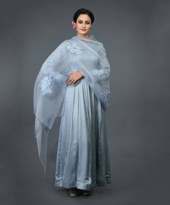 Powder Blue Floral Embroidered Anarkali Suit With Dupatta 3