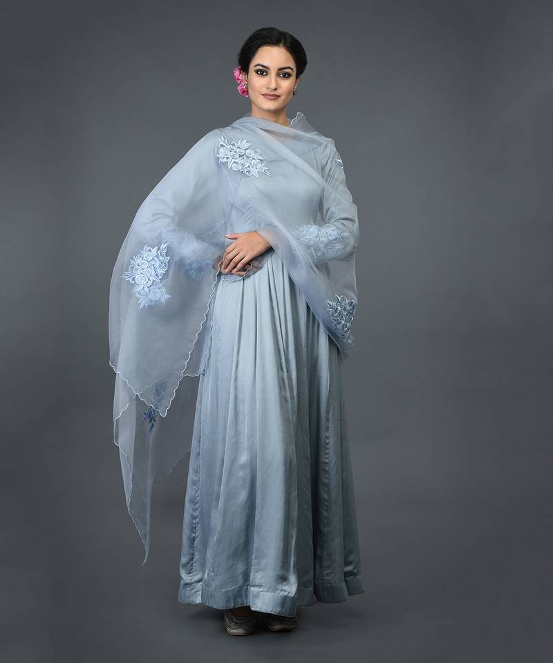 Powder Blue Floral Embroidered Anarkali Suit With Dupatta