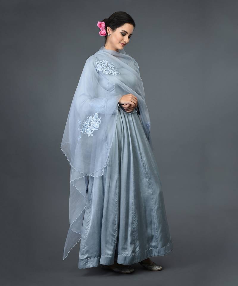Powder Blue Floral Embroidered Anarkali Suit With Dupatta