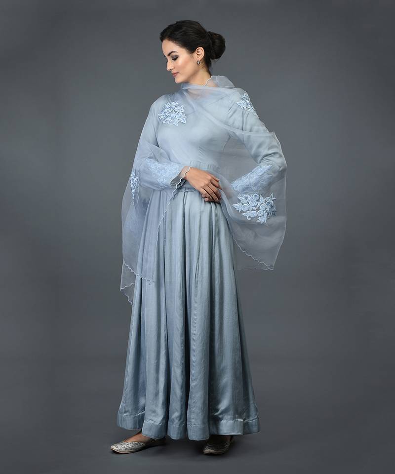 Powder Blue Floral Embroidered Anarkali Suit With Dupatta