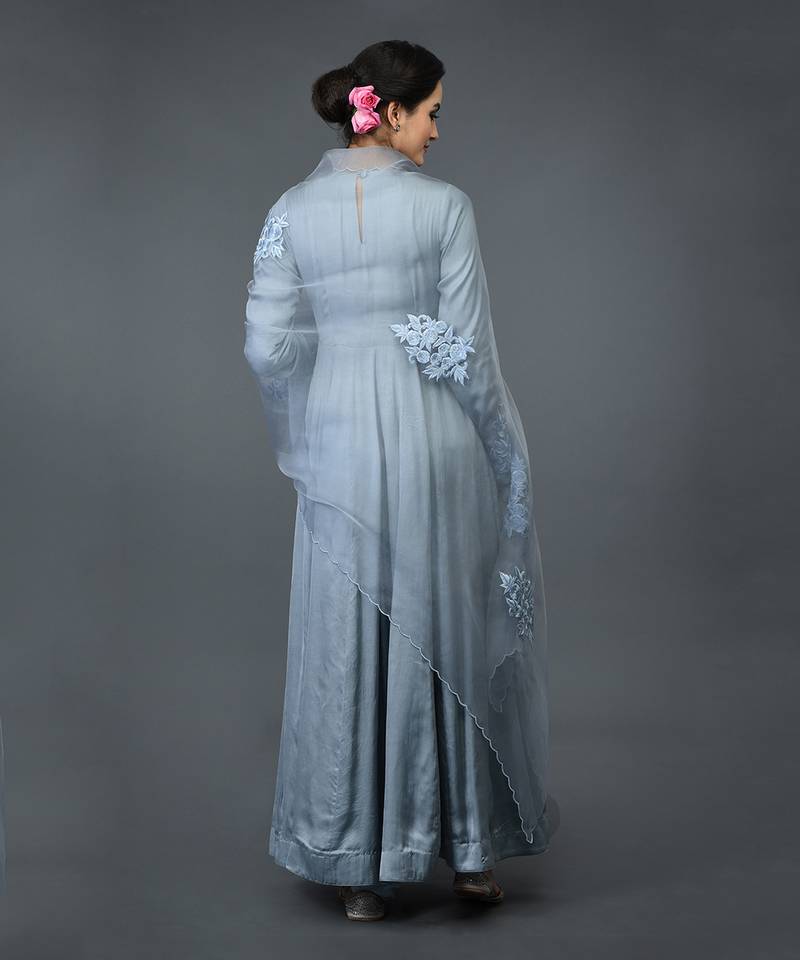 Powder Blue Floral Embroidered Anarkali Suit With Dupatta