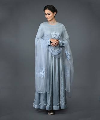 Powder Blue Floral Embroidered Anarkali Suit With Dupatta 1