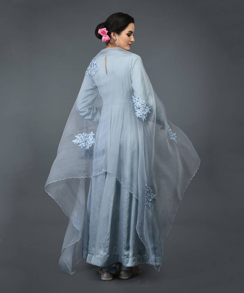 Powder Blue Floral Embroidered Anarkali Suit With Dupatta