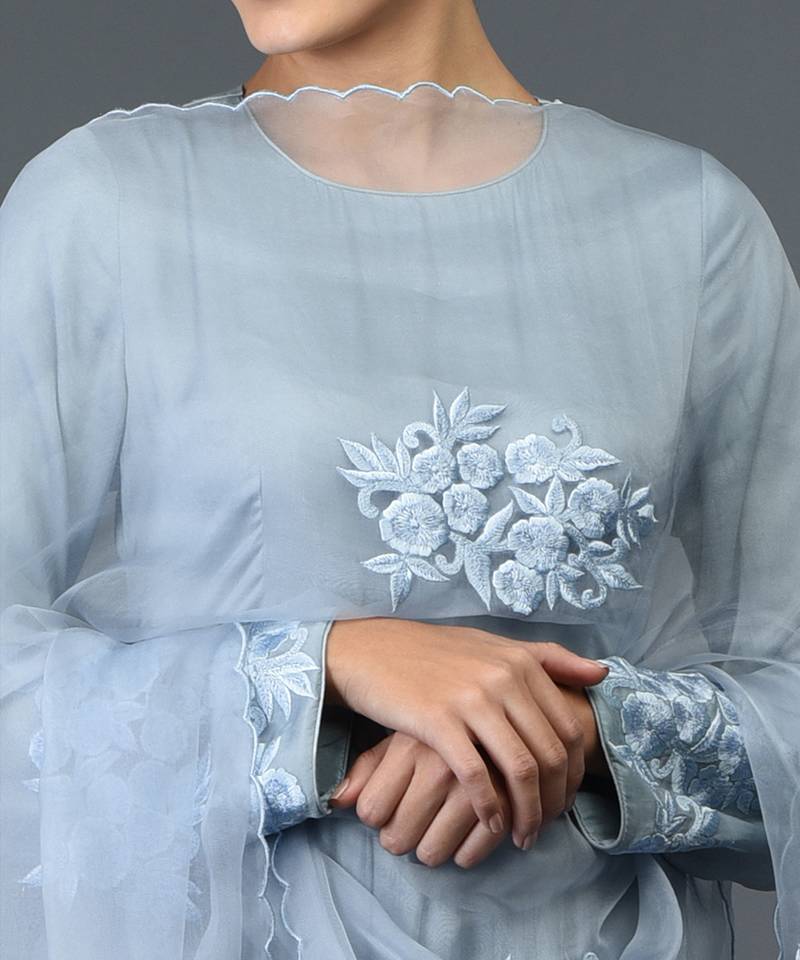 Powder Blue Floral Embroidered Anarkali Suit With Dupatta