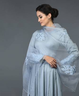 Powder Blue Floral Embroidered Anarkali Suit With Dupatta 9