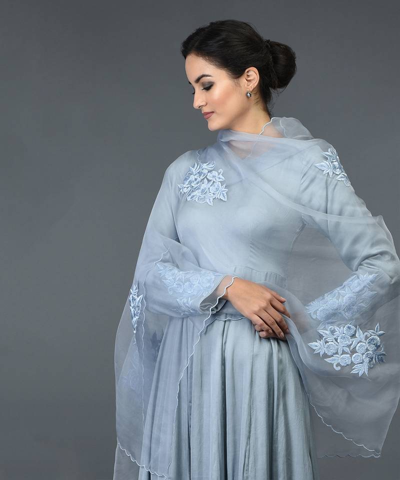 Powder Blue Floral Embroidered Anarkali Suit With Dupatta