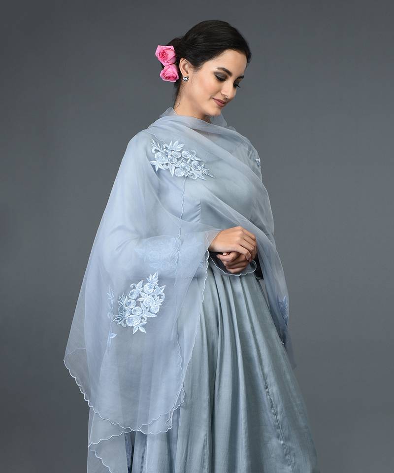 Powder Blue Floral Embroidered Anarkali Suit With Dupatta
