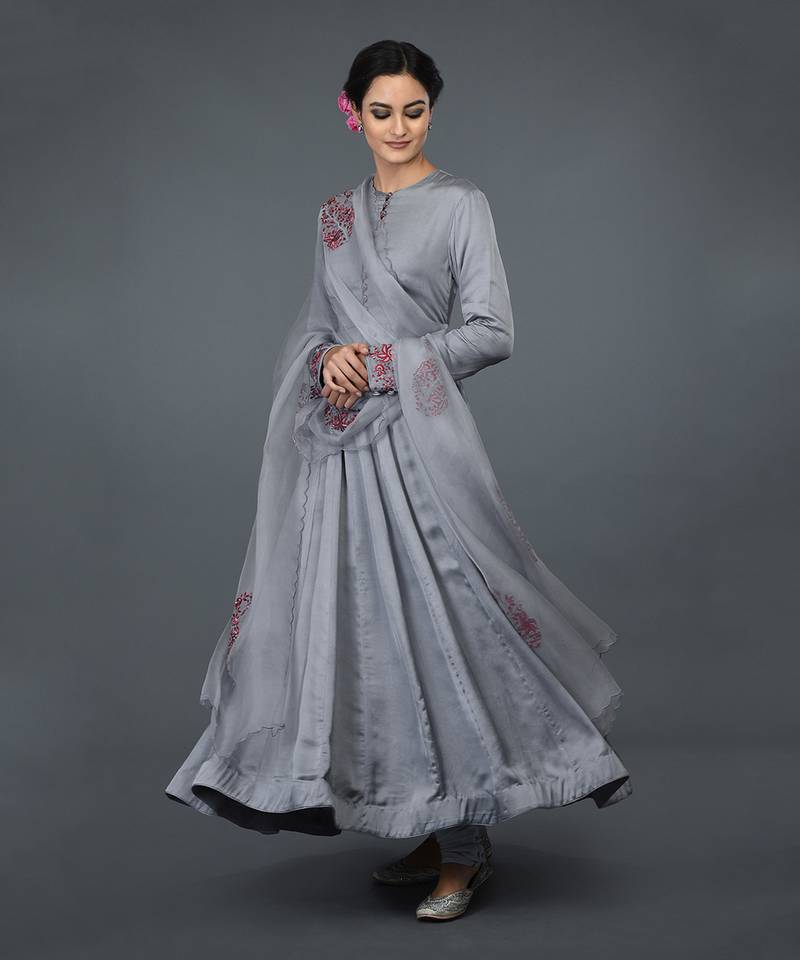 Grey Paisley Embroidered Anarkali Suit With Dupatta