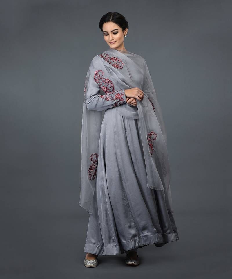 Grey Paisley Embroidered Anarkali Suit With Dupatta