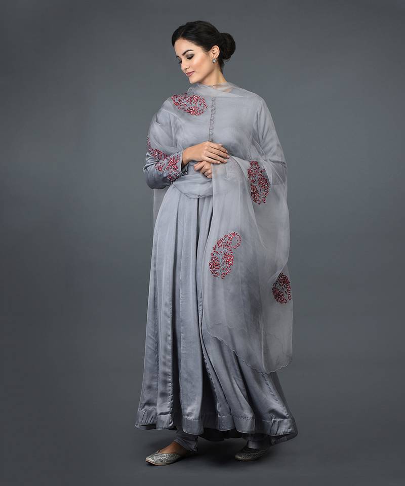 Grey Paisley Embroidered Anarkali Suit With Dupatta