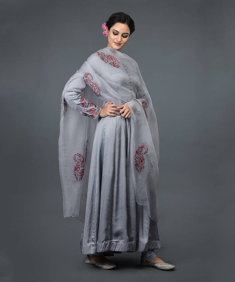 Grey Paisley Embroidered Anarkali Suit With Dupatta