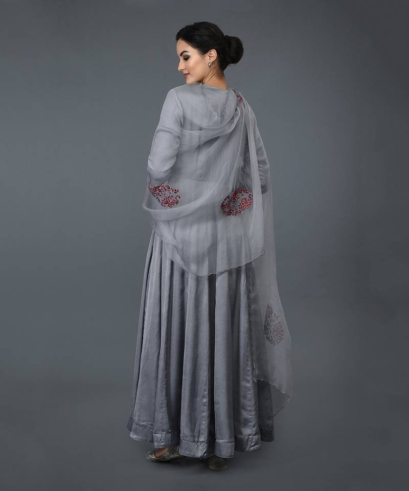 Grey Paisley Embroidered Anarkali Suit With Dupatta