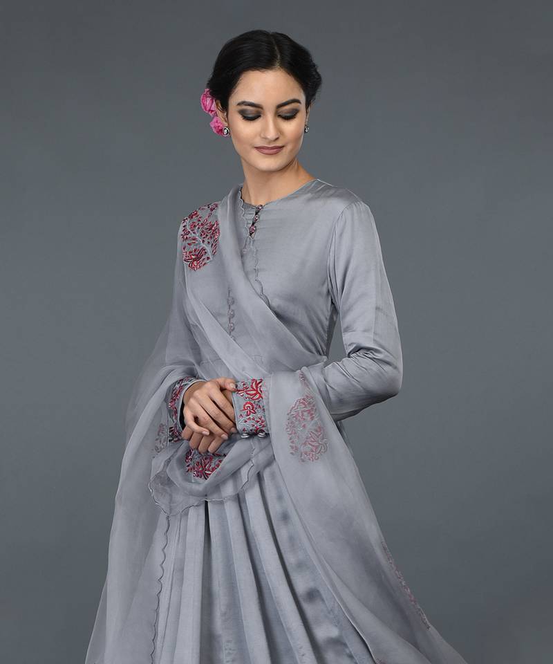 Grey Paisley Embroidered Anarkali Suit With Dupatta