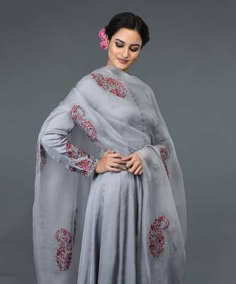 Grey Paisley Embroidered Anarkali Suit With Dupatta 9