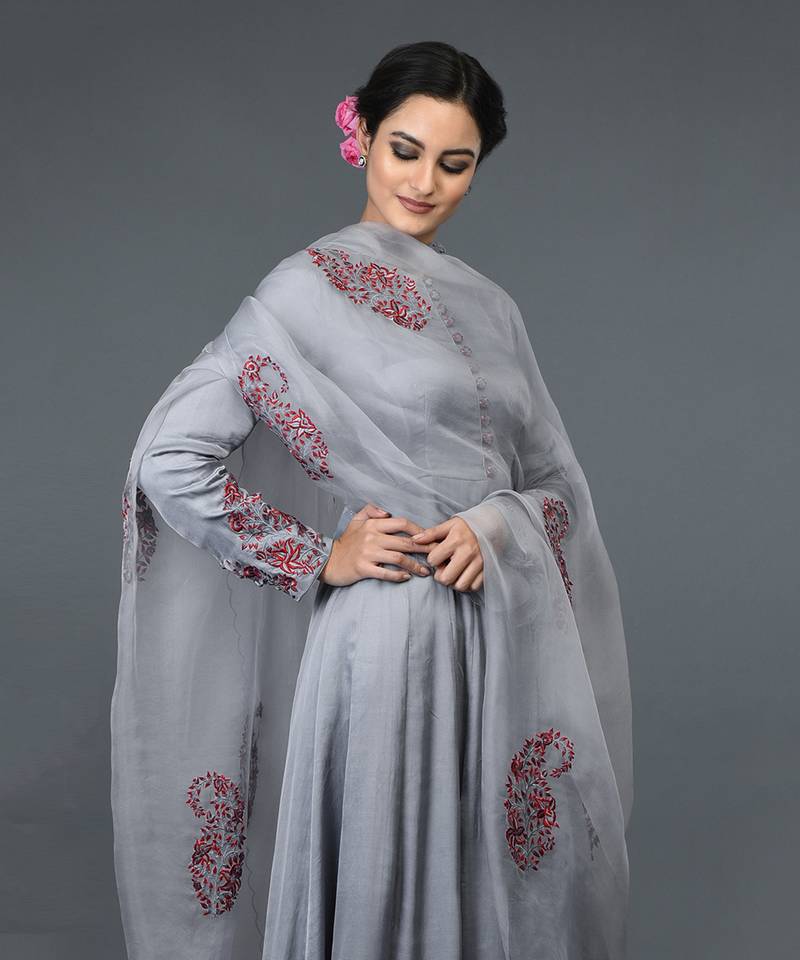Grey Paisley Embroidered Anarkali Suit With Dupatta