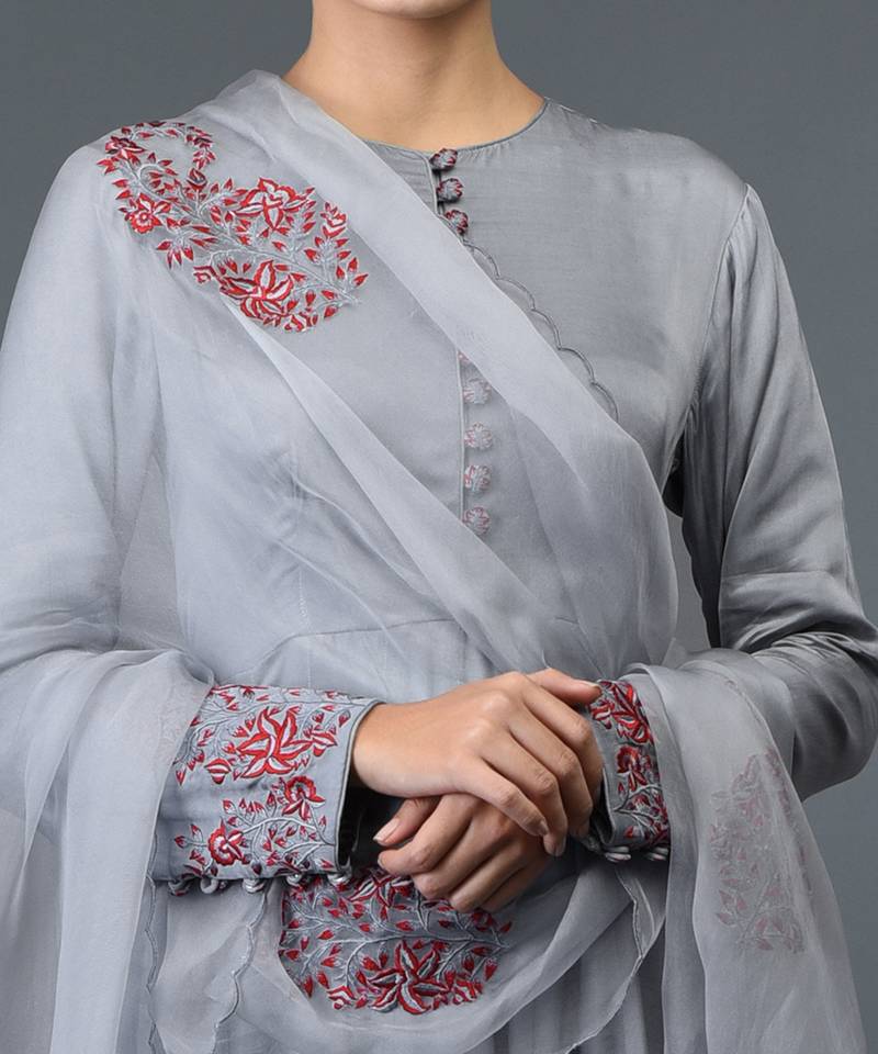Grey Paisley Embroidered Anarkali Suit With Dupatta