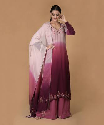 Wine-Pink Ombre Resham & Tilla Embroidered Kurta Set 1