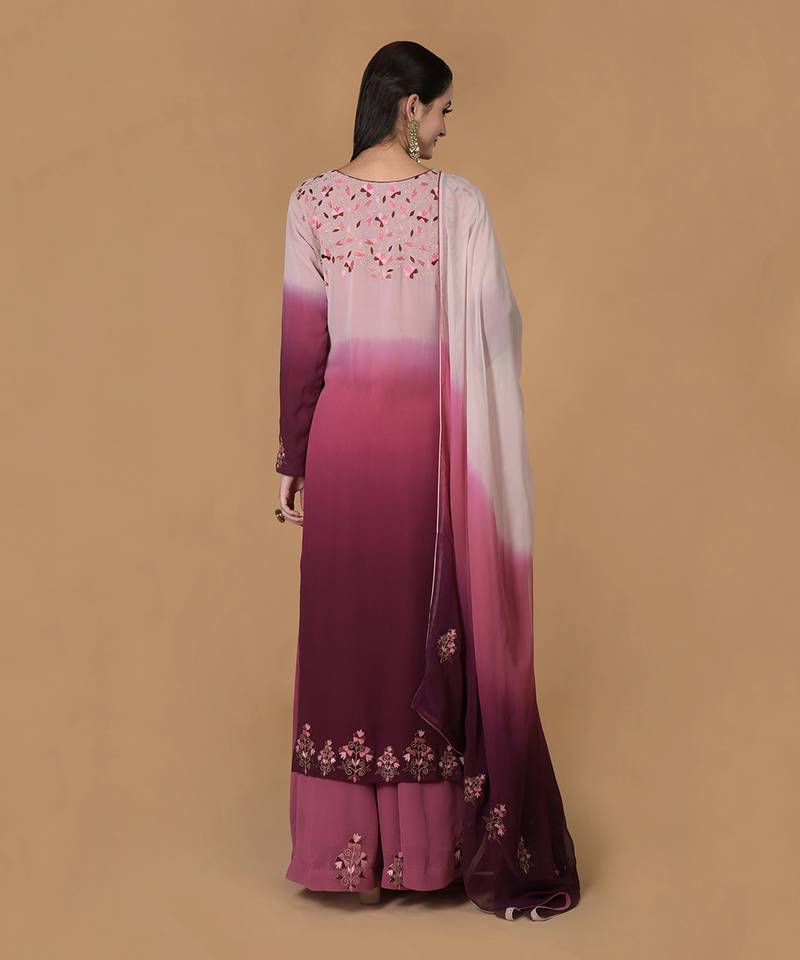 Wine-Pink Ombre Resham & Tilla Embroidered Kurta Set