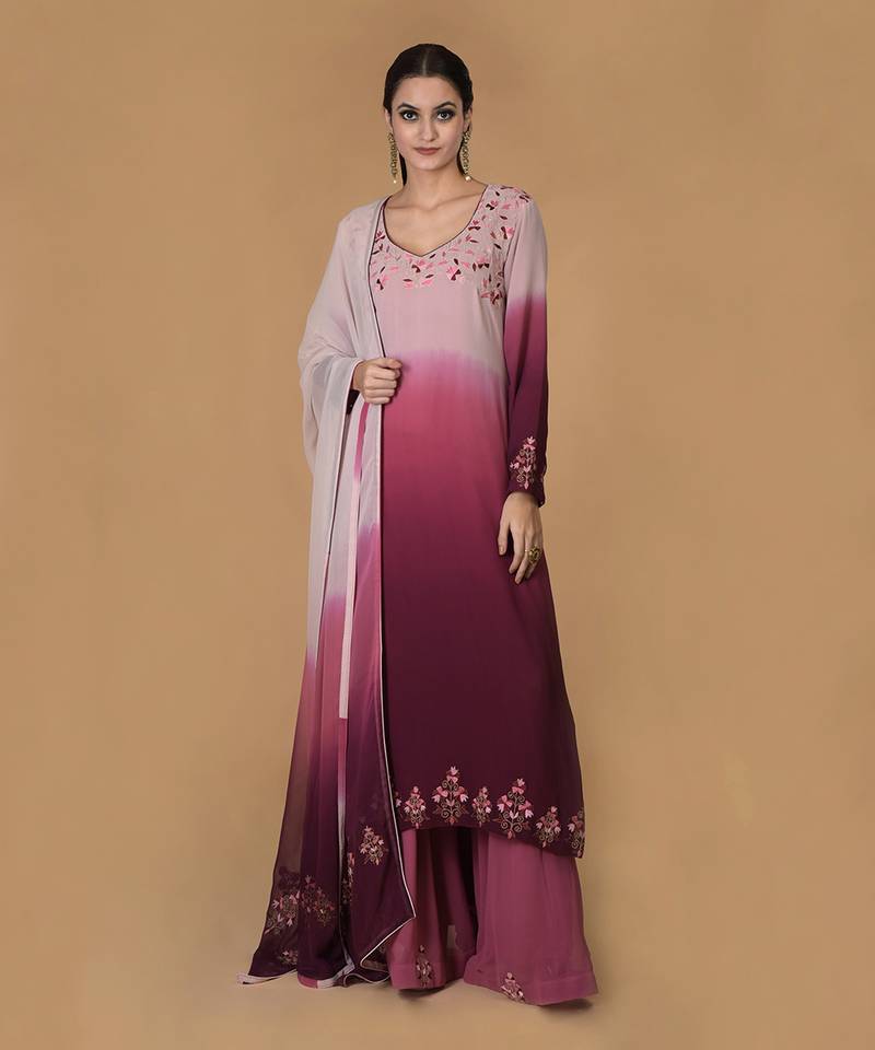 Wine-Pink Ombre Resham & Tilla Embroidered Kurta Set