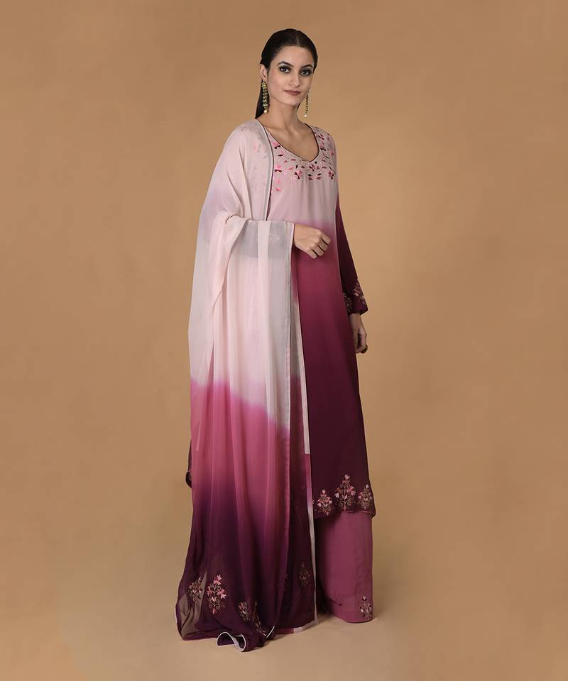 Wine-Pink Ombre Resham & Tilla Embroidered Kurta Set