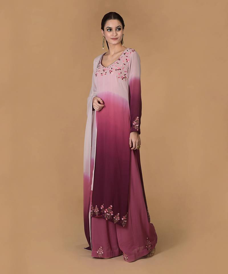 Wine-Pink Ombre Resham & Tilla Embroidered Kurta Set