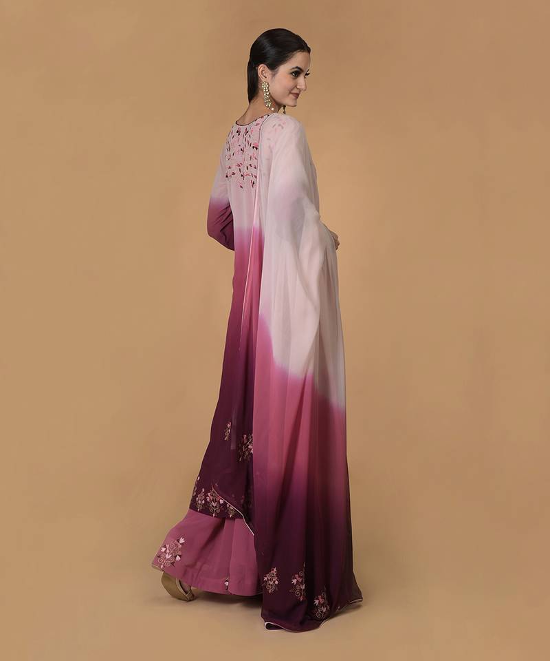 Wine-Pink Ombre Resham & Tilla Embroidered Kurta Set