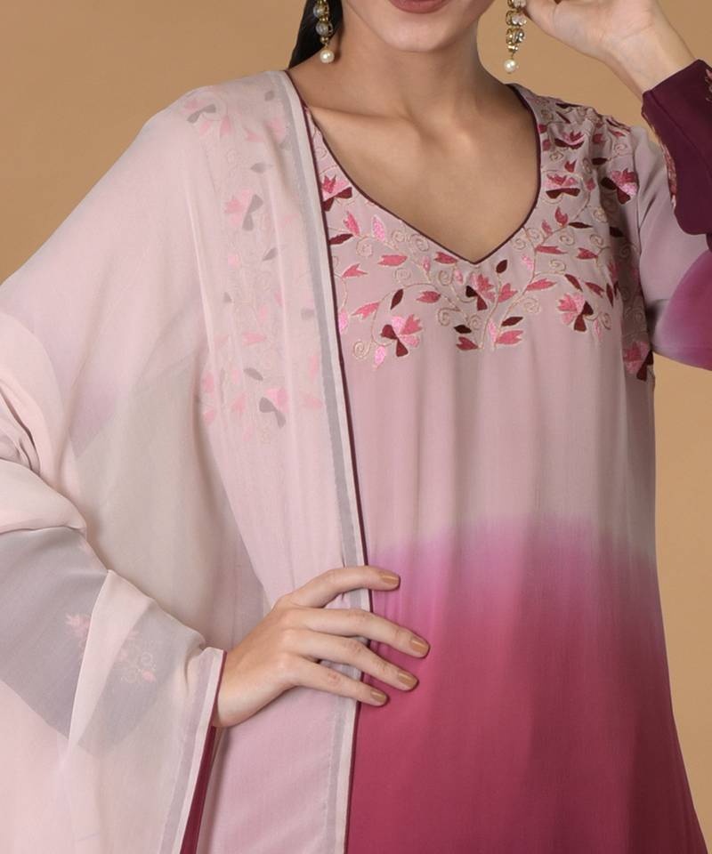 Wine-Pink Ombre Resham & Tilla Embroidered Kurta Set
