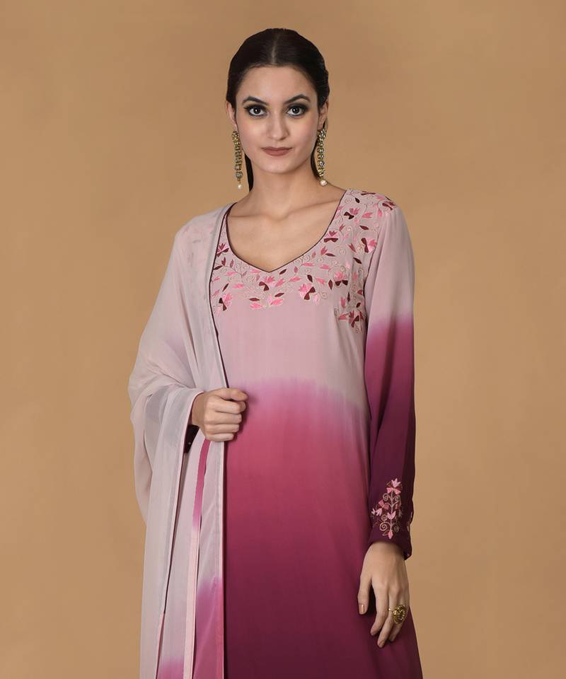 Wine-Pink Ombre Resham & Tilla Embroidered Kurta Set