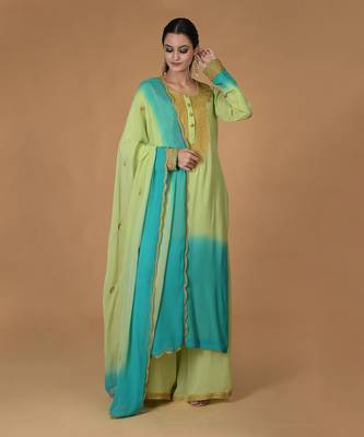 Mint Green-Turquoise Ombre Tilla Embroidered Kurta Set 2