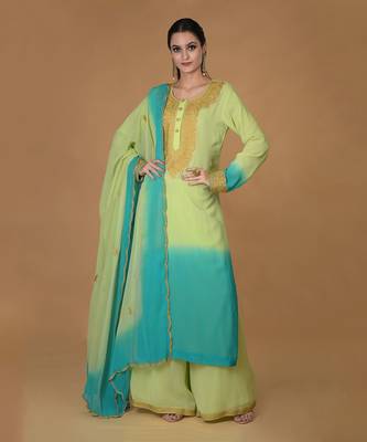 Mint Green-Turquoise Ombre Tilla Embroidered Kurta Set 1