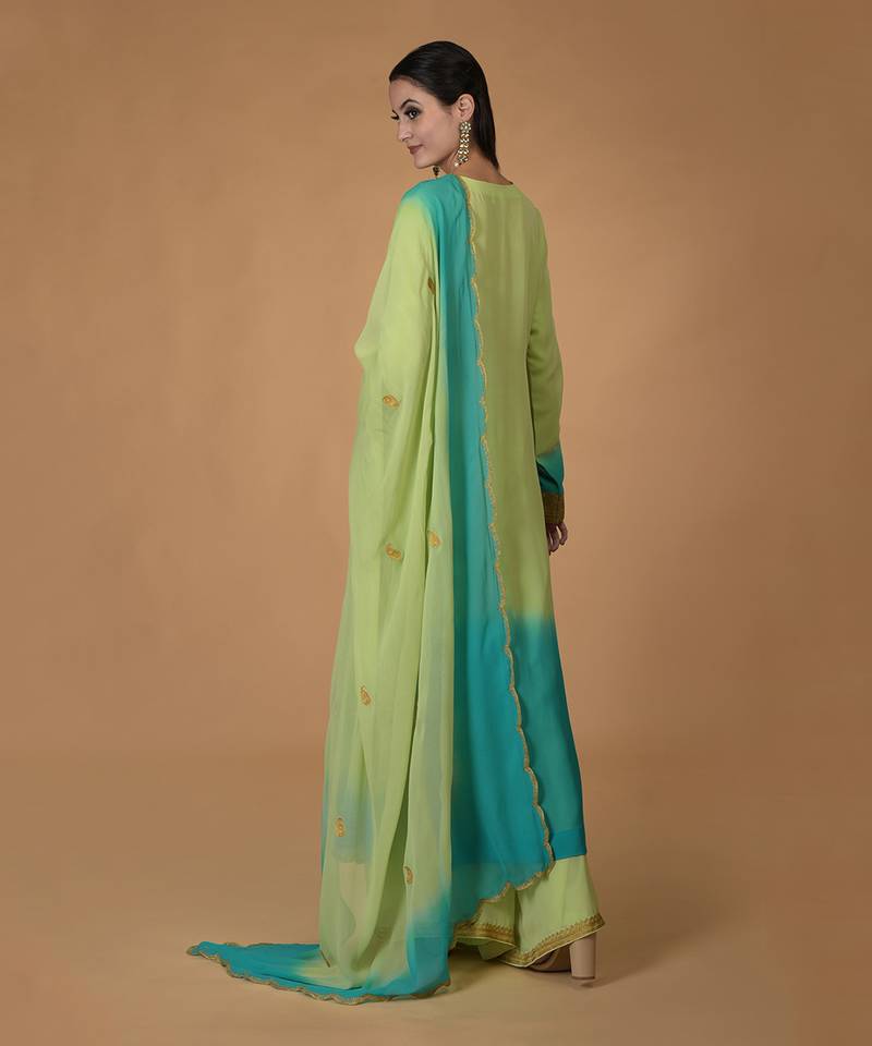 Mint Green-Turquoise Ombre Tilla Embroidered Kurta Set