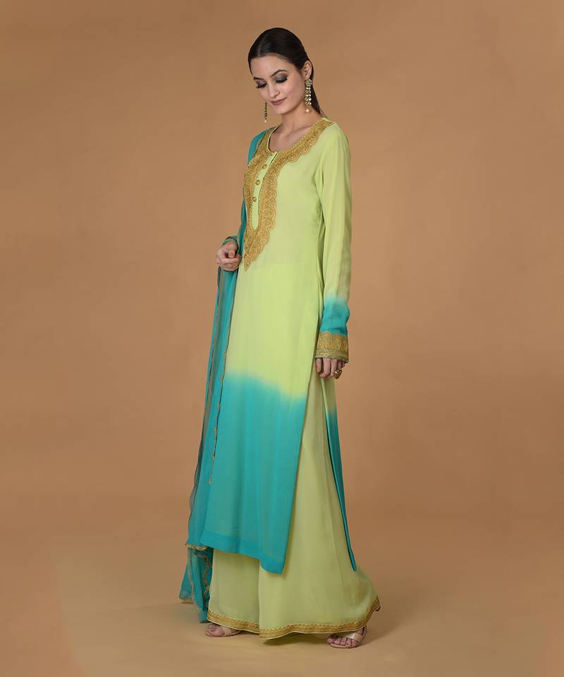 Mint Green-Turquoise Ombre Tilla Embroidered Kurta Set