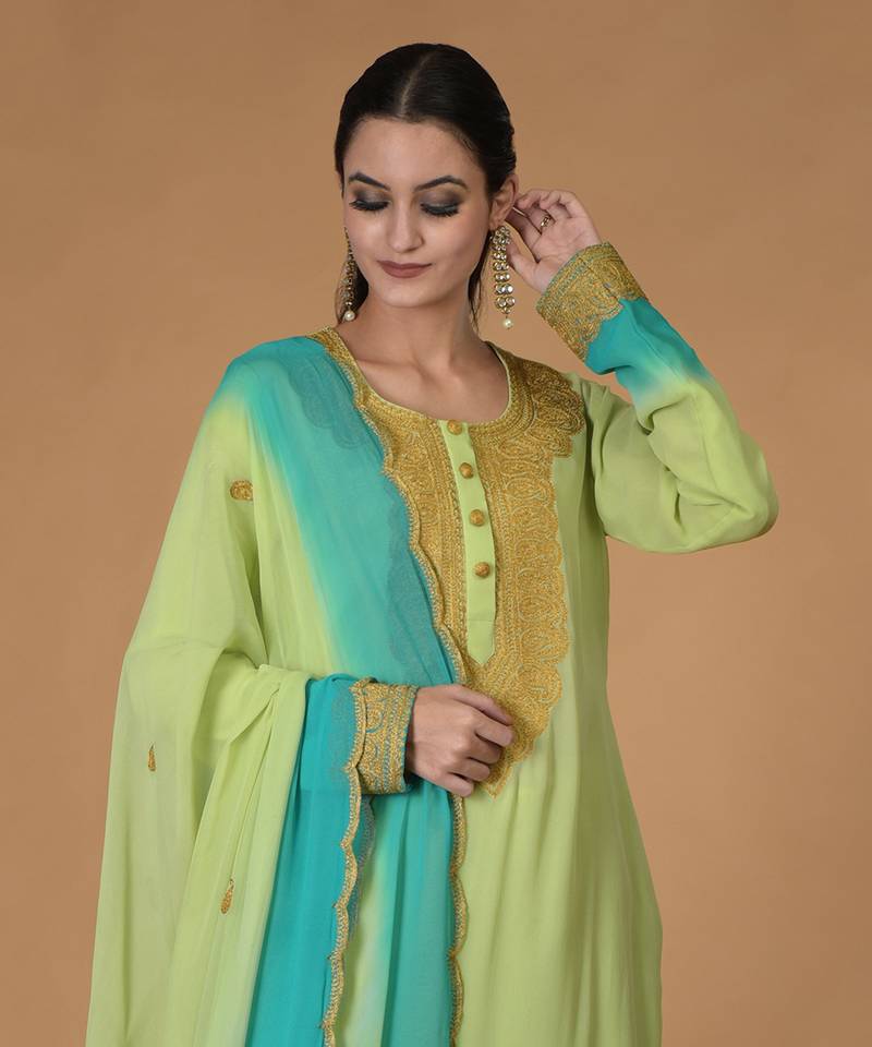 Mint Green-Turquoise Ombre Tilla Embroidered Kurta Set