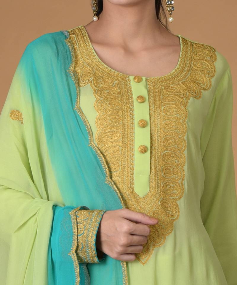 Mint Green-Turquoise Ombre Tilla Embroidered Kurta Set