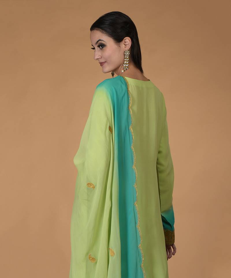 Mint Green-Turquoise Ombre Tilla Embroidered Kurta Set
