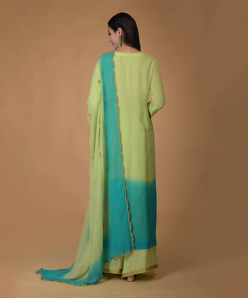 Mint Green-Turquoise Ombre Tilla Embroidered Kurta Set