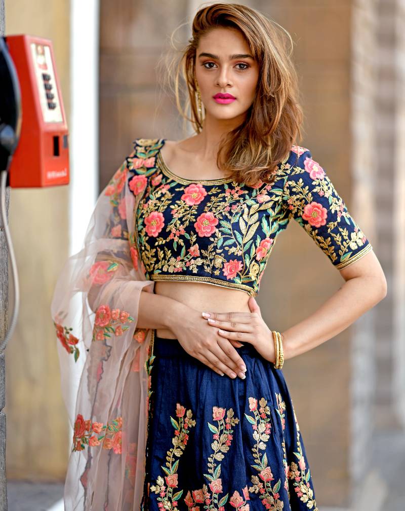SHUBHKALA navy-blue Resham Embroidered silk UNSTITCHED LEHENGA WITH BLOUSE
