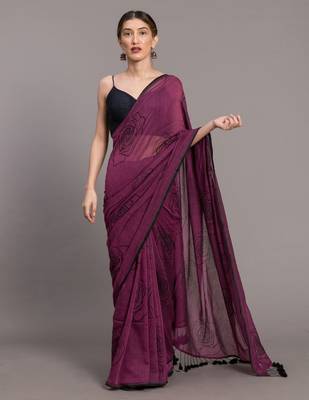 Suta Purple Black Floral Pure Cotton Printed Saree 1