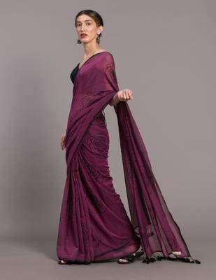 Suta Purple Black Floral Pure Cotton Printed Saree 2