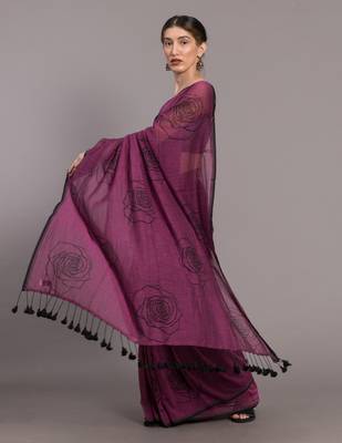 Suta Purple Black Floral Pure Cotton Printed Saree 3