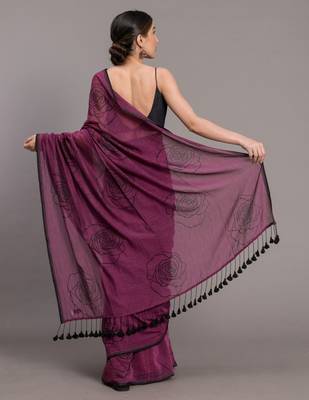 Suta Purple Black Floral Pure Cotton Printed Saree 4
