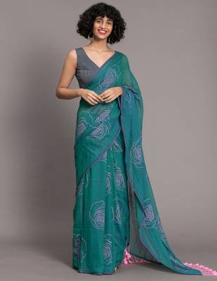 Suta Teal  Pink Floral Printed Pure Cotton Saree 2