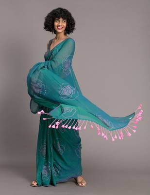 Suta Teal  Pink Floral Printed Pure Cotton Saree 3