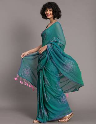 Suta Teal  Pink Floral Printed Pure Cotton Saree 4