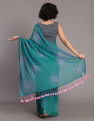 Suta Teal  Pink Floral Printed Pure Cotton Saree 5