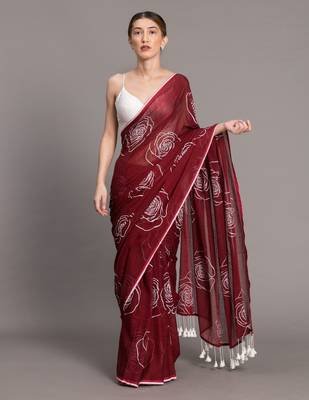 Suta Maroon White Floral Printed Pure Cotton Saree Without Blouse 1
